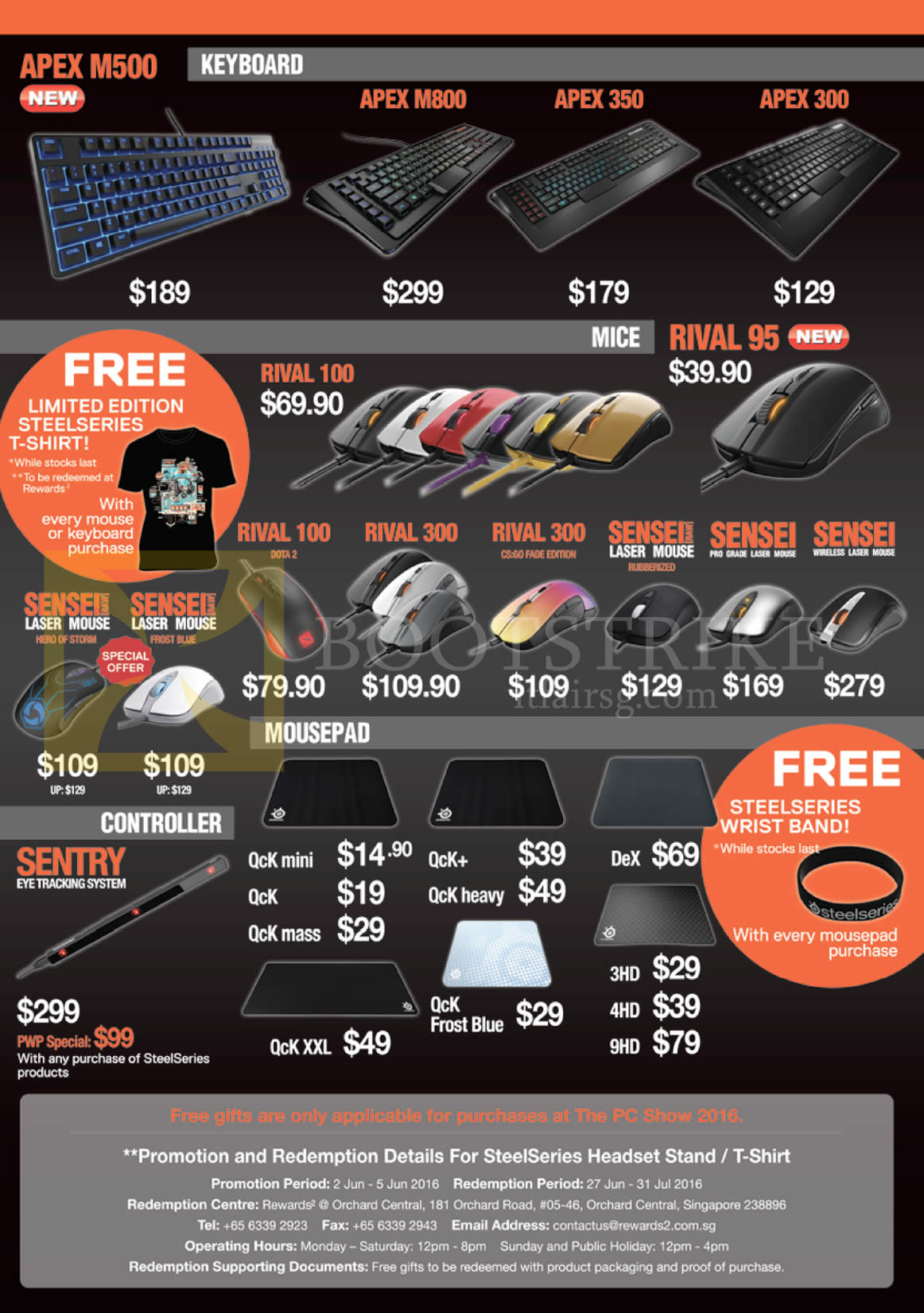 PC SHOW 2016 price list image brochure of Steelseries Cybermind Keyboards, Mouses, Mousepads, Controllers, Apex M800, 350, 300, Rival 100, 95, 300, Sensei Laser Mouse, QcK Mini, Mass, Plus, Heavy, Dex, QcK XXL, Frost Blue