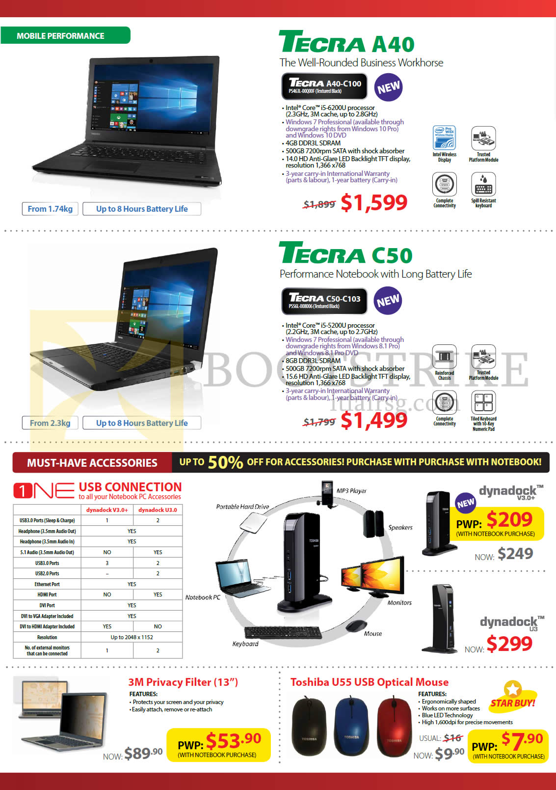 PC SHOW 2016 price list image brochure of Toshiba Notebooks Tecra A40-C100, C50-C103, Dynadock V3.0Plus, U3, 3M Privacy Filter, U55 USB Optical Mouse