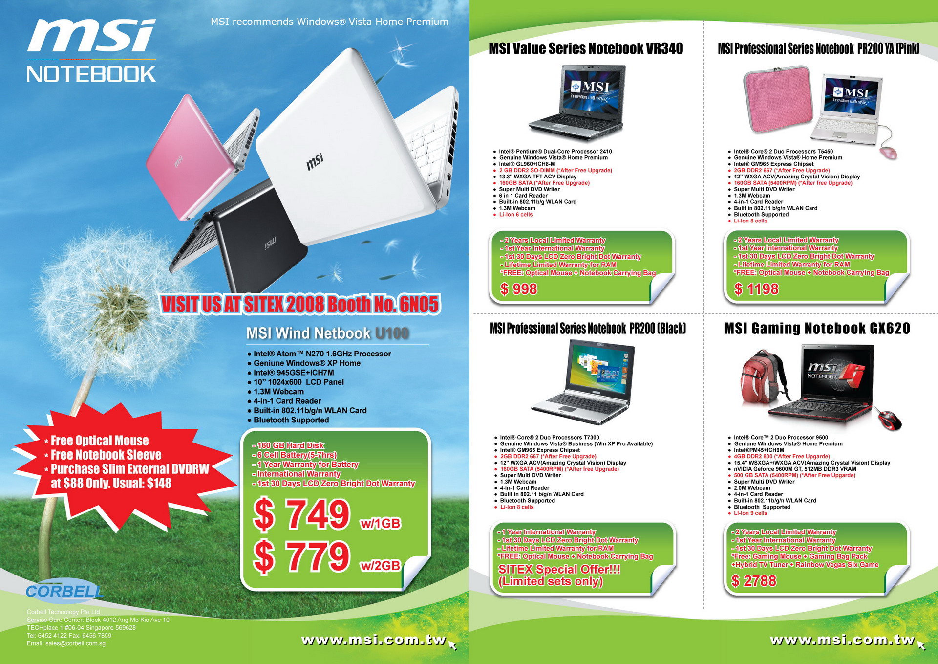 Sitex 2008 price list image brochure of Msi Netbook Notebooks Sitex