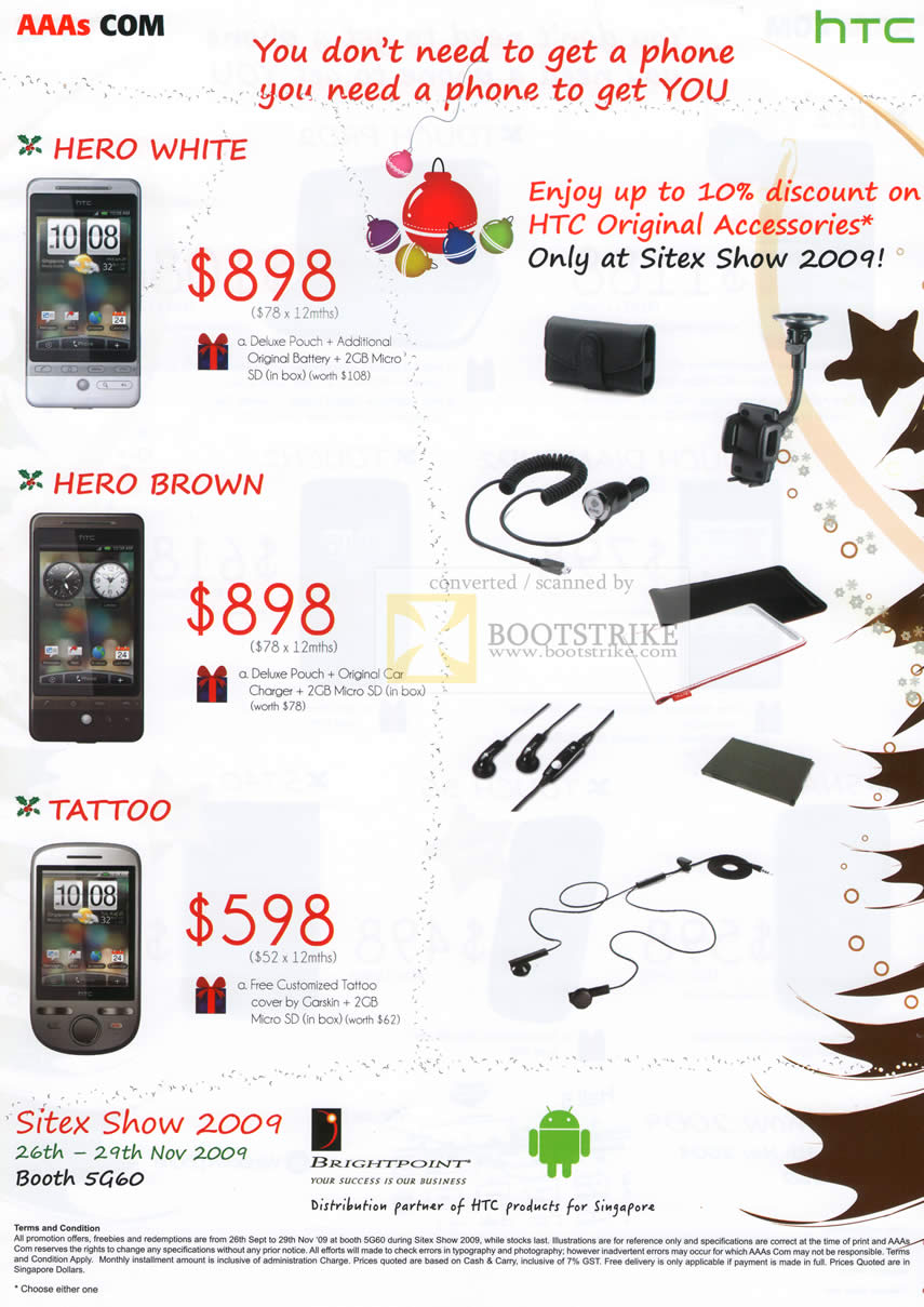 Sitex 2009 price list image brochure of AAAs HTC Hero White Brown Tattoo Mobile Phones