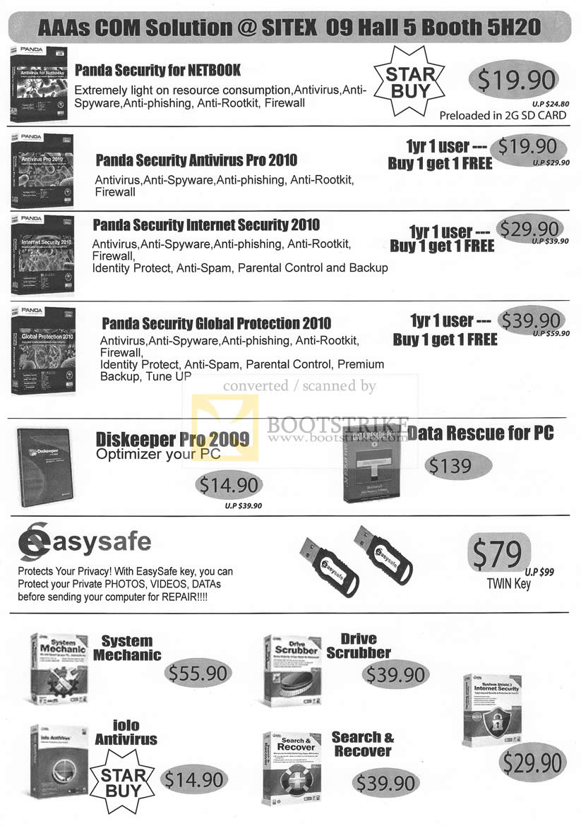 Sitex 2009 price list image brochure of AAAs Panda Security Antivirus Pro Internet Diskeeper Data Rescue EasySafe Software