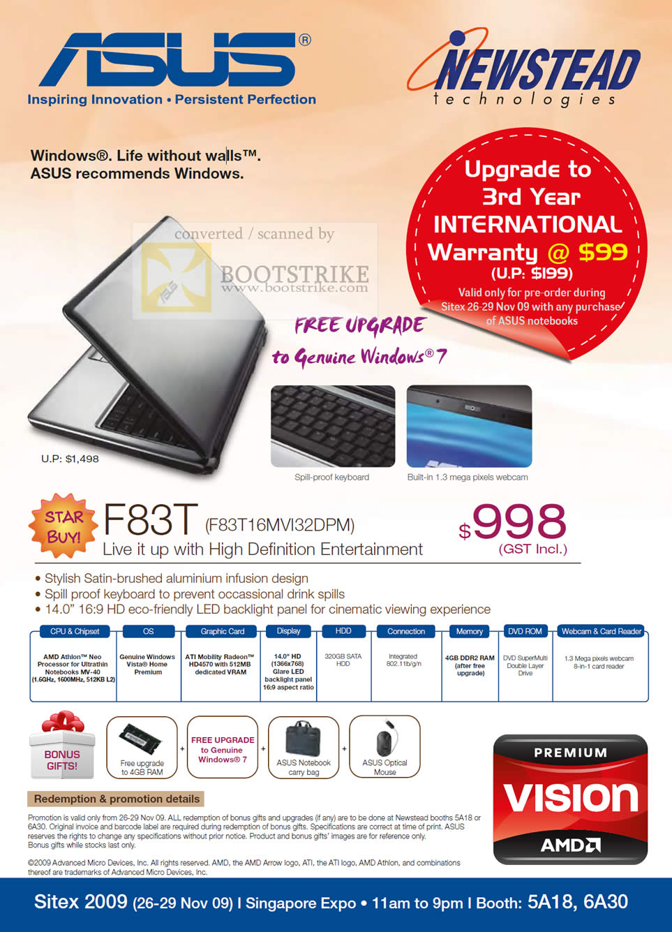 Sitex 2009 price list image brochure of ASUS F83T AMD Notebook Newstead