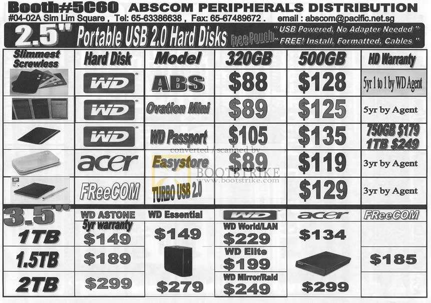 Sitex 2009 price list image brochure of Abscom 2.5 Portable External Storage WD Acer FreeCom