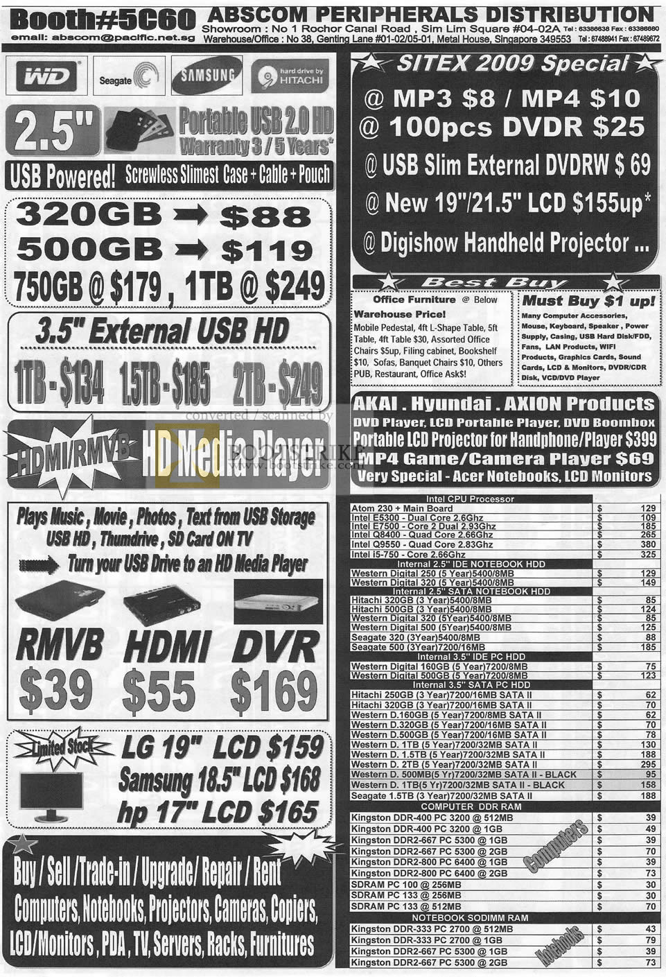 Sitex 2009 price list image brochure of Abscom External Storage Drive Media Player Mp3 Mp4 CPU HDD RAM LCD