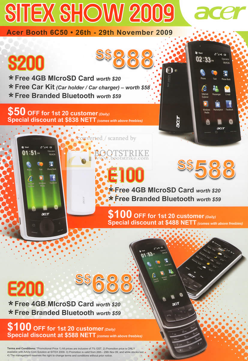 Sitex 2009 price list image brochure of Acer Mobile Phones S200 E100 E200