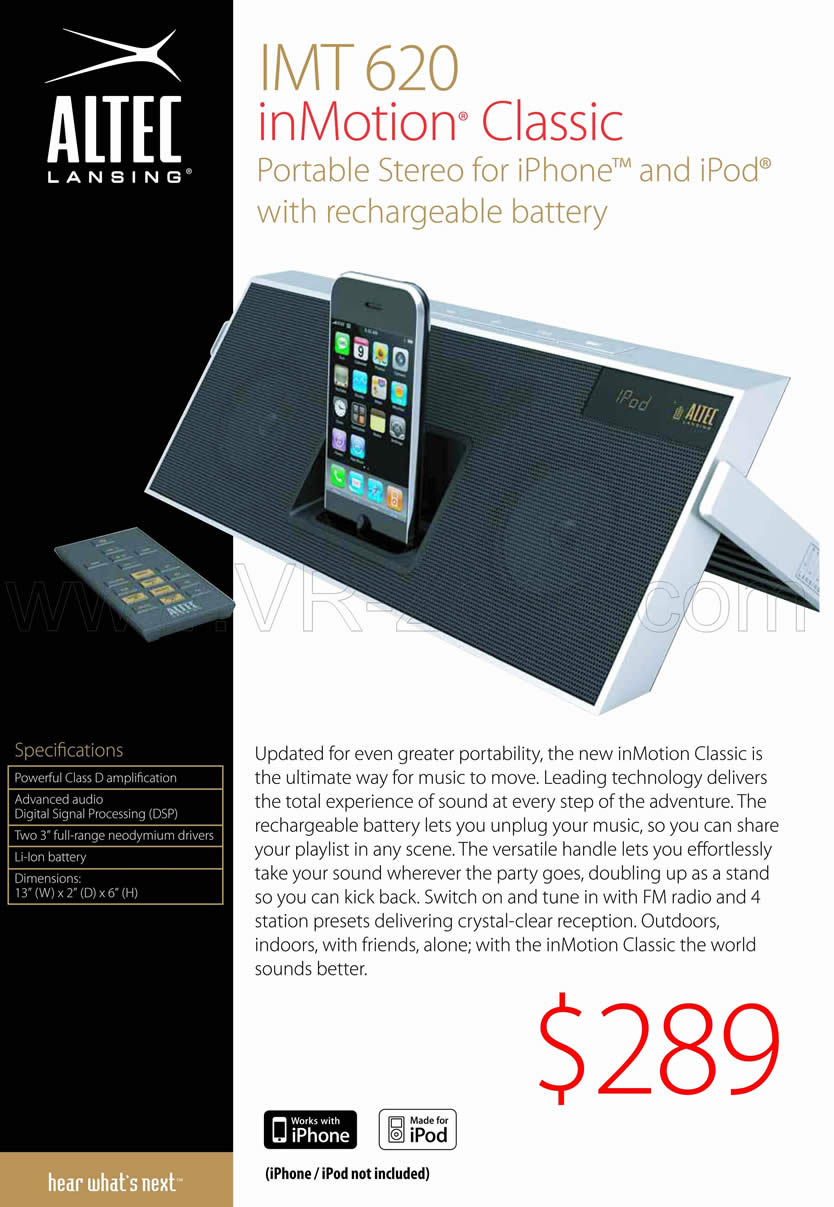 Sitex 2009 price list image brochure of Altec Lansing IMT 620 Portable Stereo For IPhone IPod