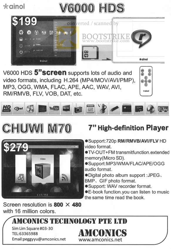 Sitex 2009 price list image brochure of Amconics Ainol V6000 HDS Portable Media Player Chuwi M70