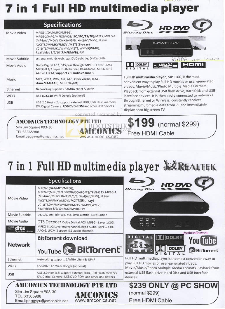 Sitex 2009 price list image brochure of Amconics MP1100 Media Player Realtek