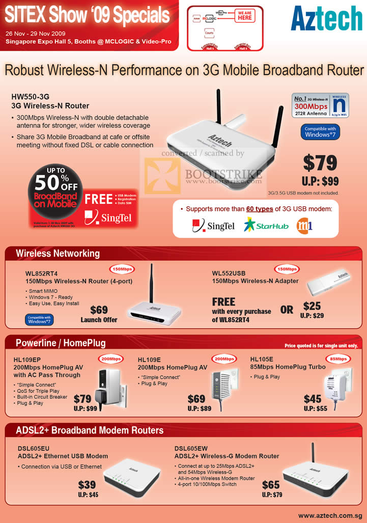 Sitex 2009 price list image brochure of Aztech Wireless N 3G Mobile Broadband Router HomePlug ADSL Networking