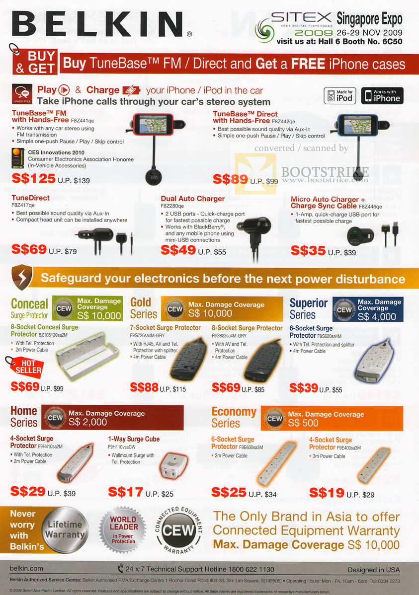 Sitex 2009 price list image brochure of Belkin TuneBase Charger TuneDirect Surge Protector Cube