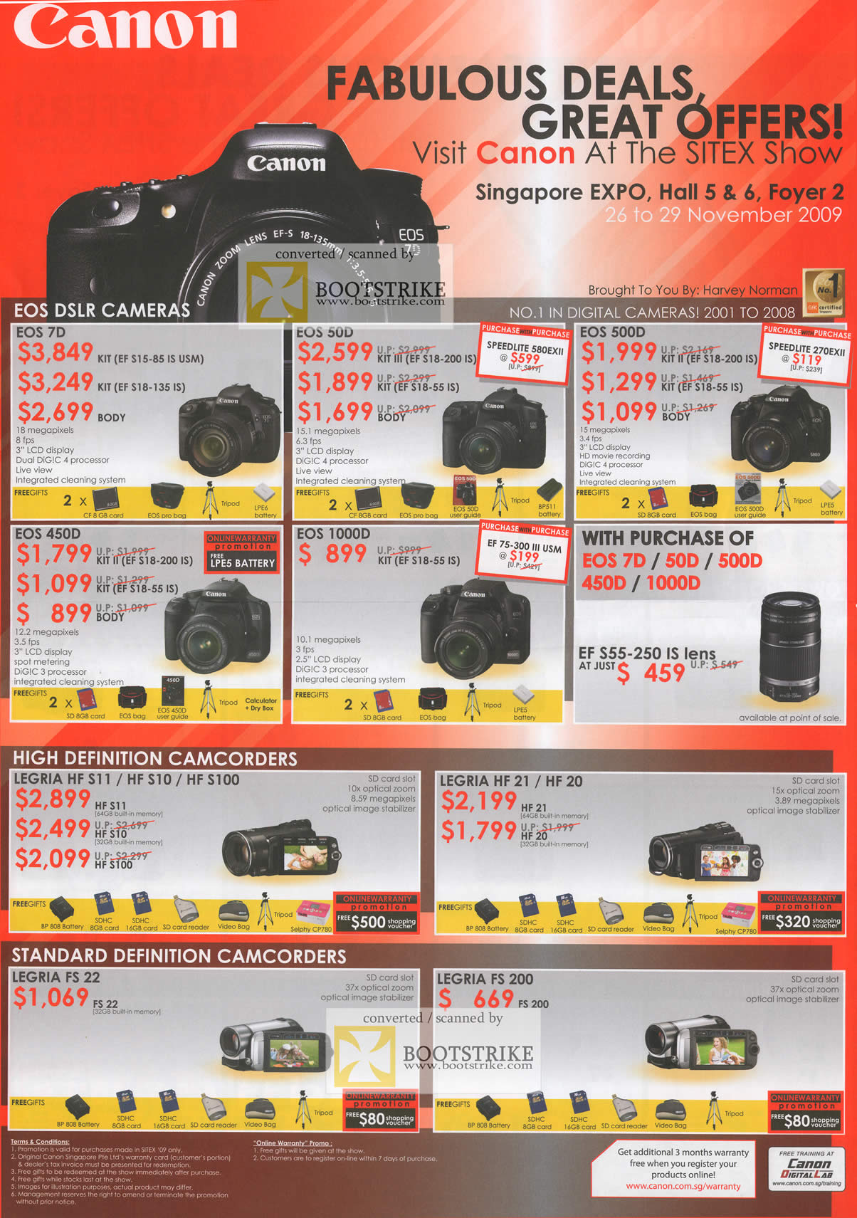 Sitex 2009 price list image brochure of Canon DSLR EOS 7D 50D 500D 450D 1000D IS Lens Video Camcorders Legria FS