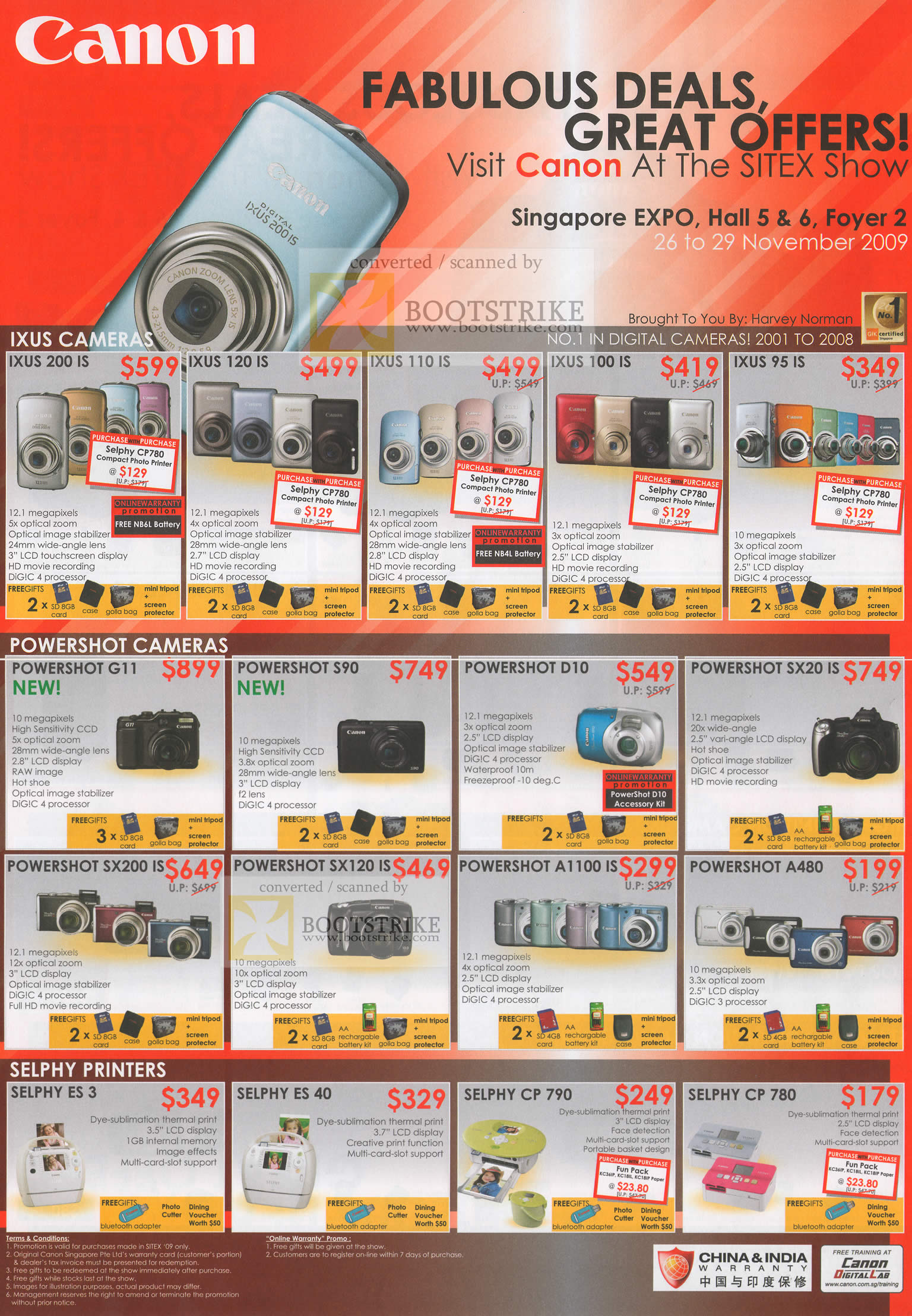 Sitex 2009 price list image brochure of Canon Digital Cameras Ixus 200 PowerShot G11 S90 D10 SX20 Selphy Printers ES