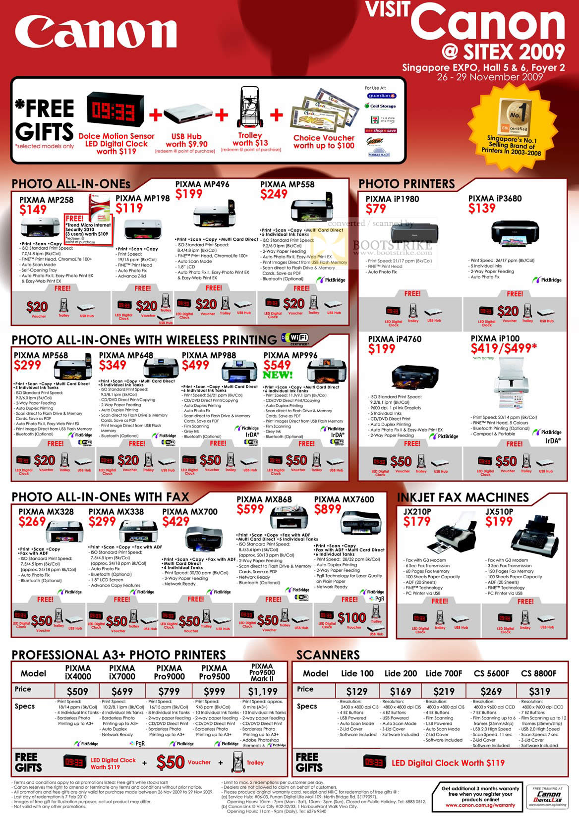 Sitex 2009 price list image brochure of Canon Photo Inkjet Printers Pixma MP All In One Fax Professional Scanners