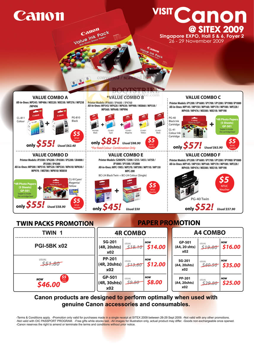Sitex 2009 price list image brochure of Canon Value Ink Combos Packs Twin Pack Paper Promotion A4 4R