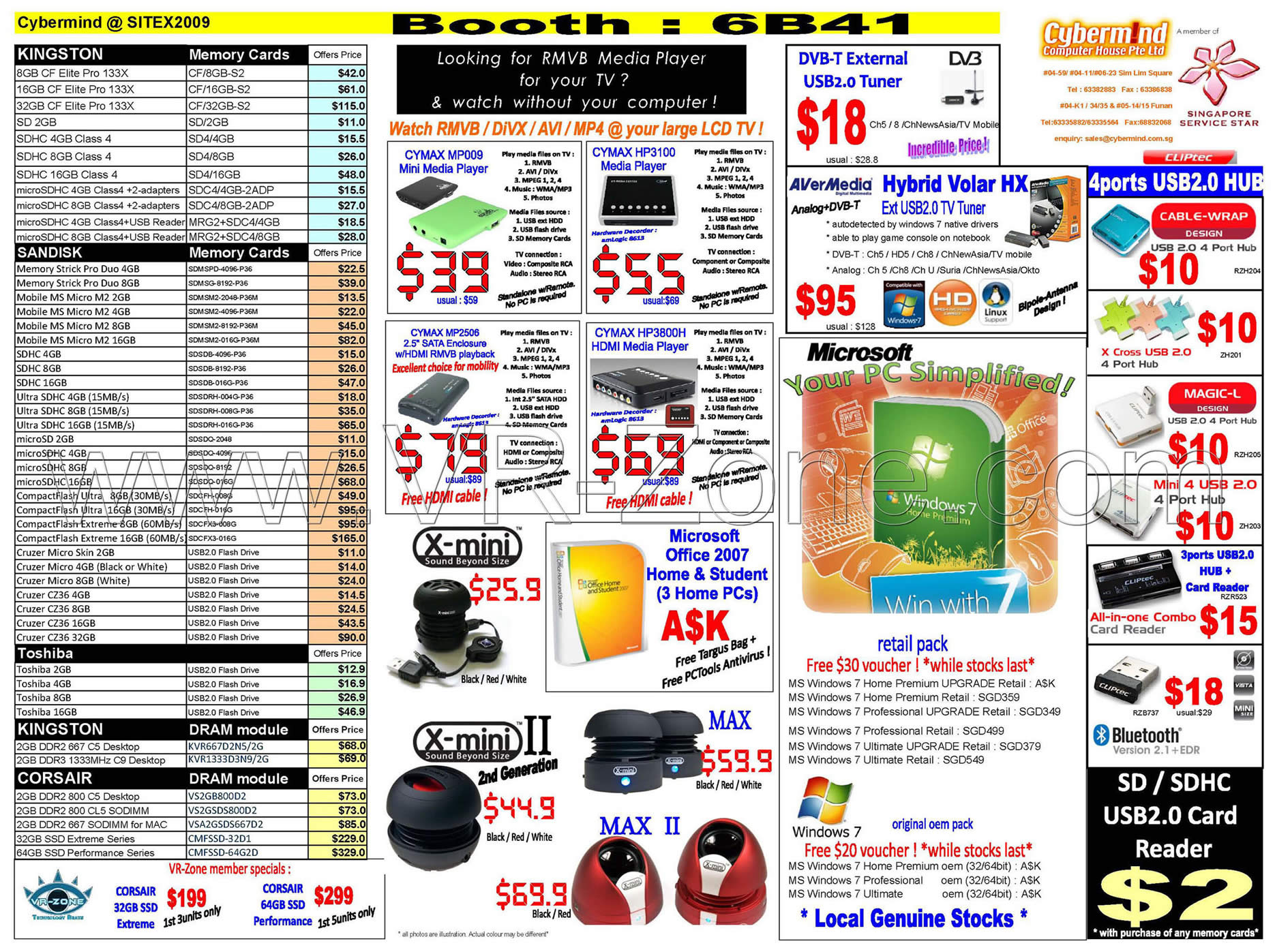 Sitex 2009 price list image brochure of Cybermind Memory RAM Kingston Media Player Microsoft Sandisk X Mini Cymax