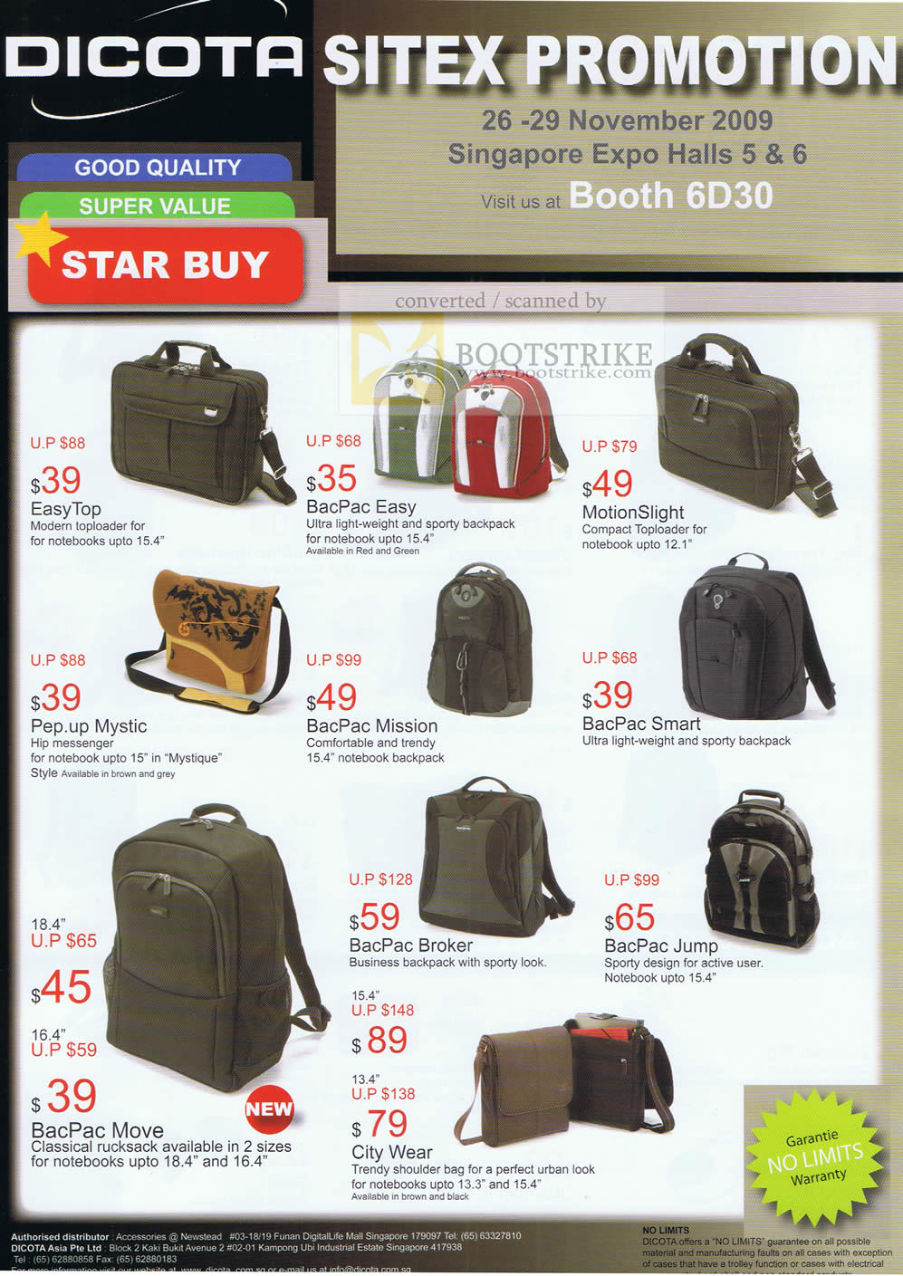 Sitex 2009 price list image brochure of Dicota Bags EasyTop BacPac MotionSlight Pep Mystic Smart Broker