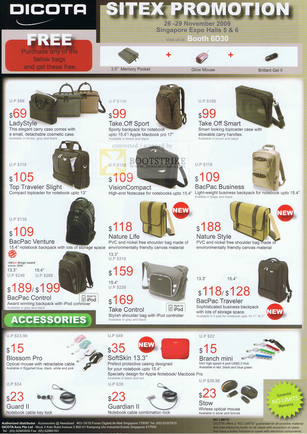 Sitex 2009 price list image brochure of Dicota Bags LadyStyle Take Off Sport Smart BacPac Nature Life Notebook Lock Wireless