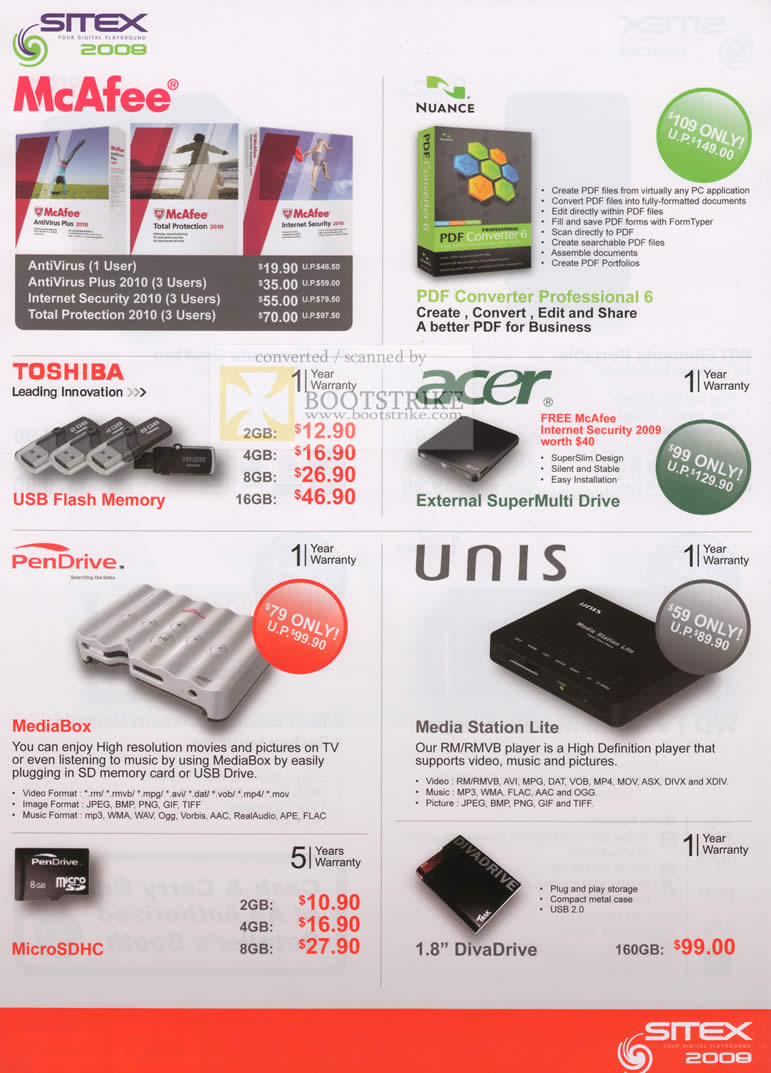 Sitex 2009 price list image brochure of DivaDrive Unis Station RMVB Media Player MediaBox Acer Toshiba Nuance McAfee