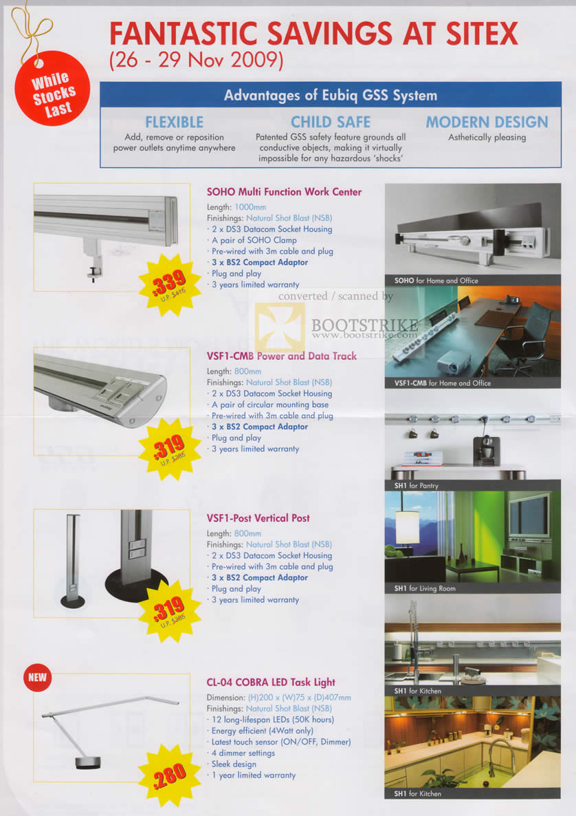 Sitex 2009 price list image brochure of Eubiq Power Outlet SOHO Multi Function Work Center Power Data Track Vertical Post