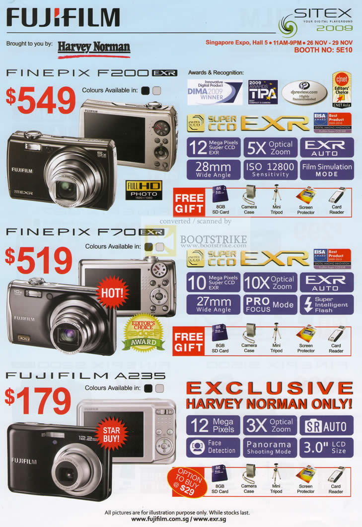 Sitex 2009 price list image brochure of Fujifilm Digital Cameras Finepix F200 F70 A235 Harvey Norman