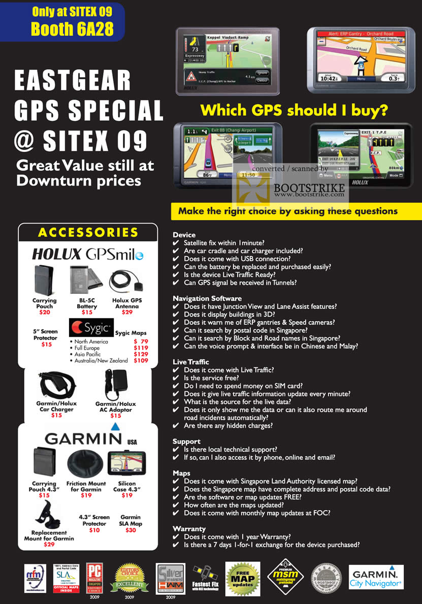 Sitex 2009 price list image brochure of Garmin Holux GPSmile Accessories Eastgear