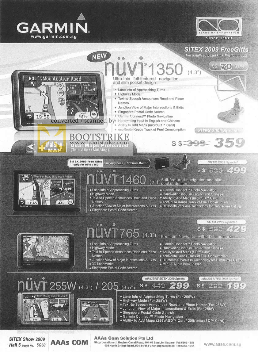 Sitex 2009 price list image brochure of Garmin Nuvi 1350 1460 765 255W 205 GPS Navigation AAA