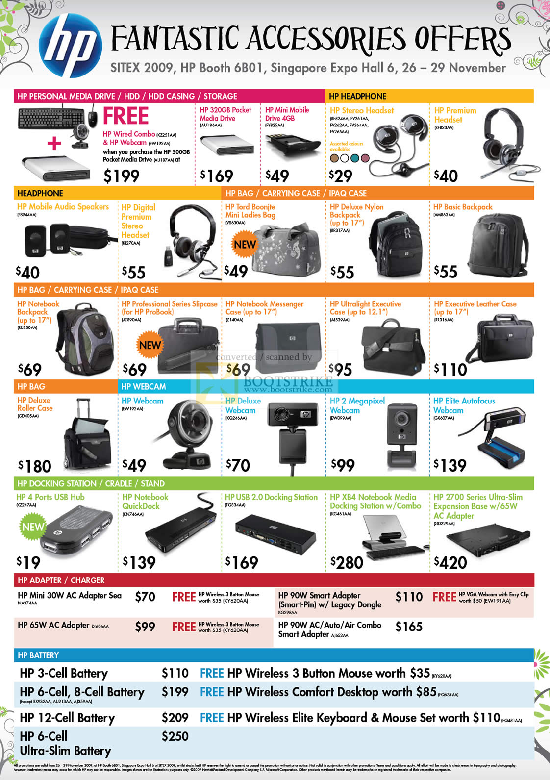 Sitex 2009 price list image brochure of HP Accessories Headphone Bag Case Webcam Docking Station Adapter Battery