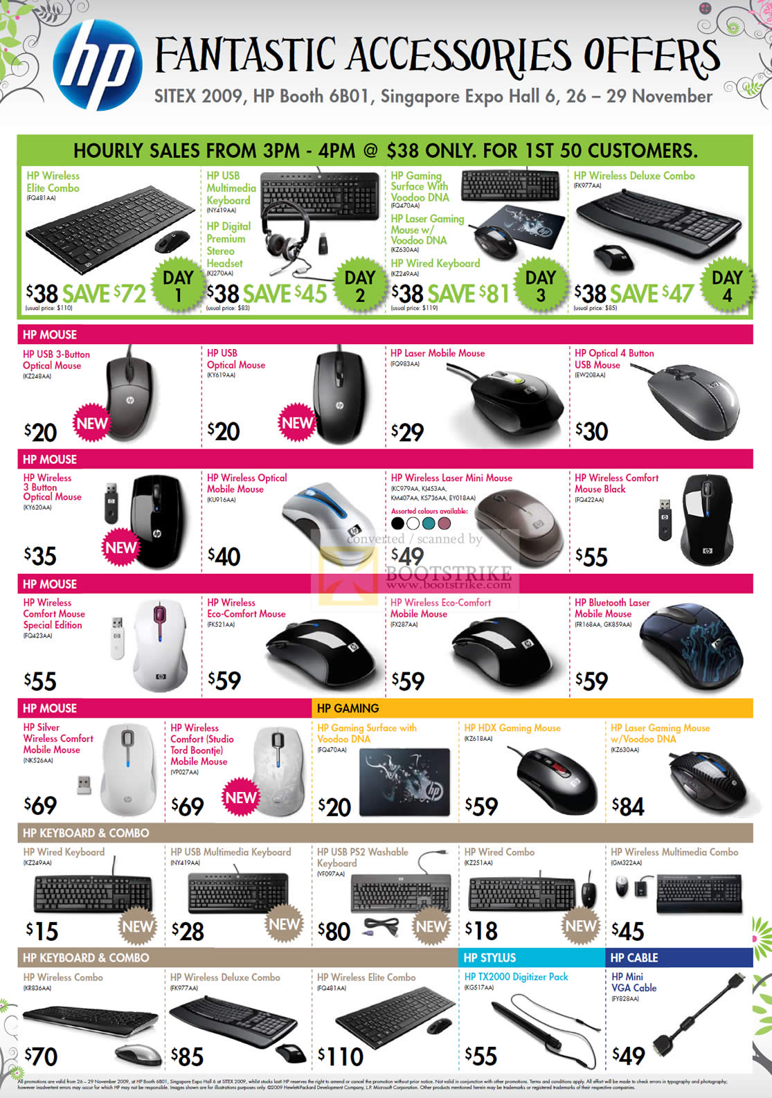 Sitex 2009 price list image brochure of HP Accessories Keyboard Wireless Elite Gaming Mouse Laser Deluxe Stylus Cable