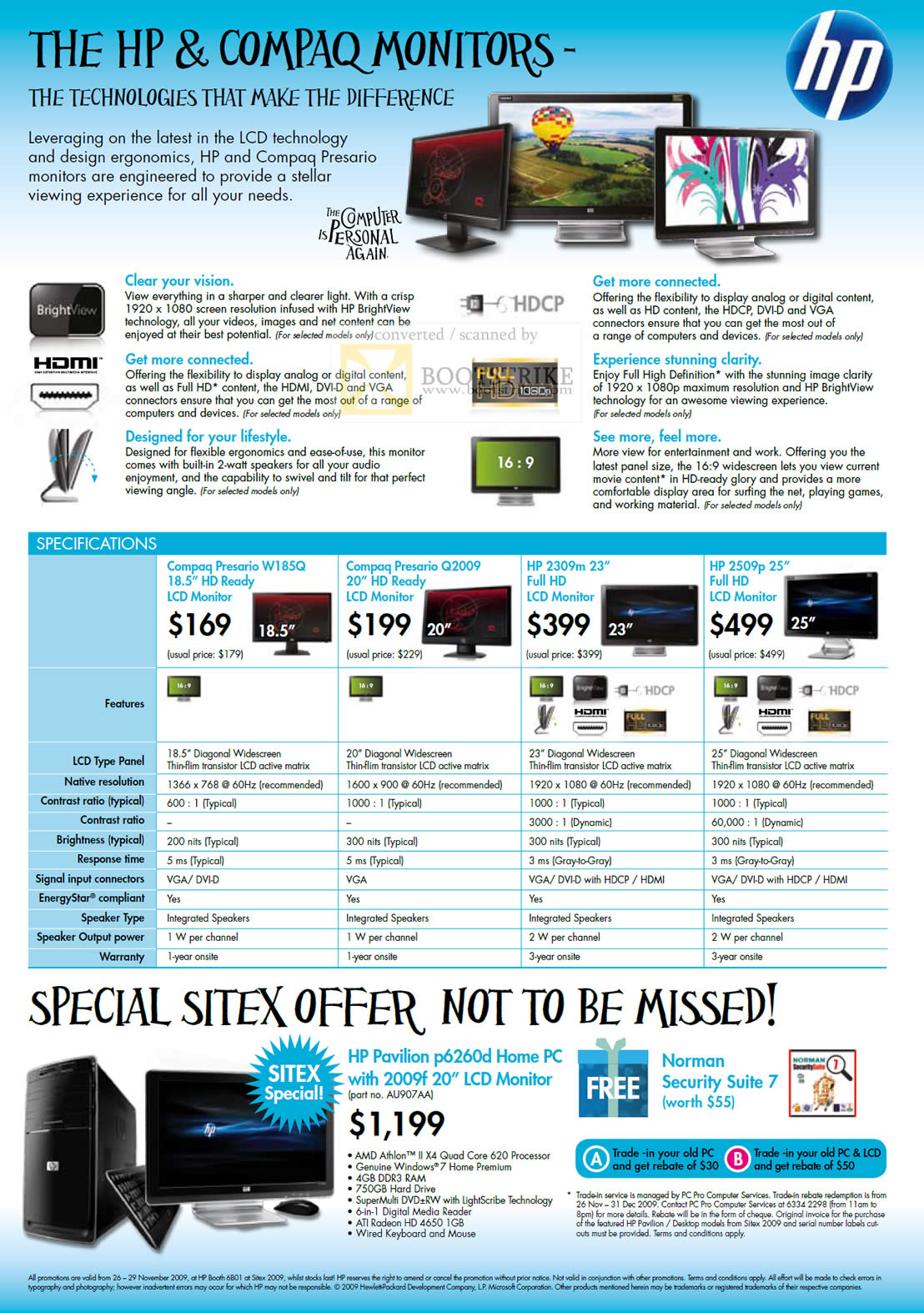 Sitex 2009 price list image brochure of HP Compaq LCD Monitors Presario W185Q Q2009 2309m 2509p P6260d Desktop PC 2009f