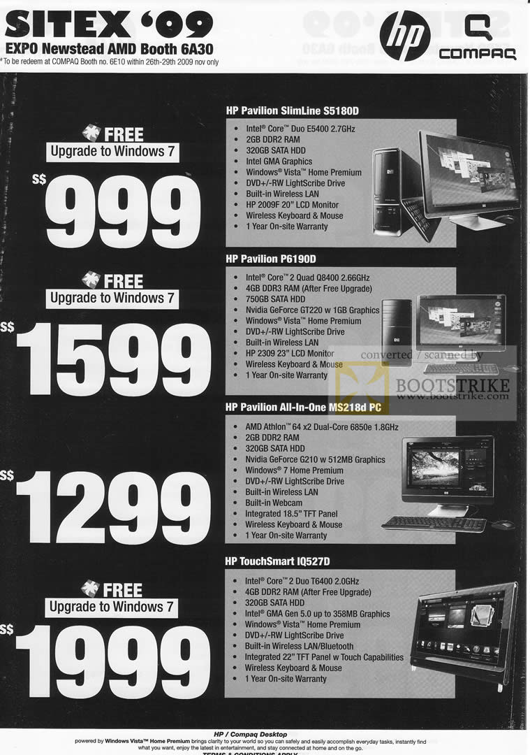 Sitex 2009 price list image brochure of HP Pavilion Slimline S5180D P6190D MS218d TouchSmart IQ527D Newstead