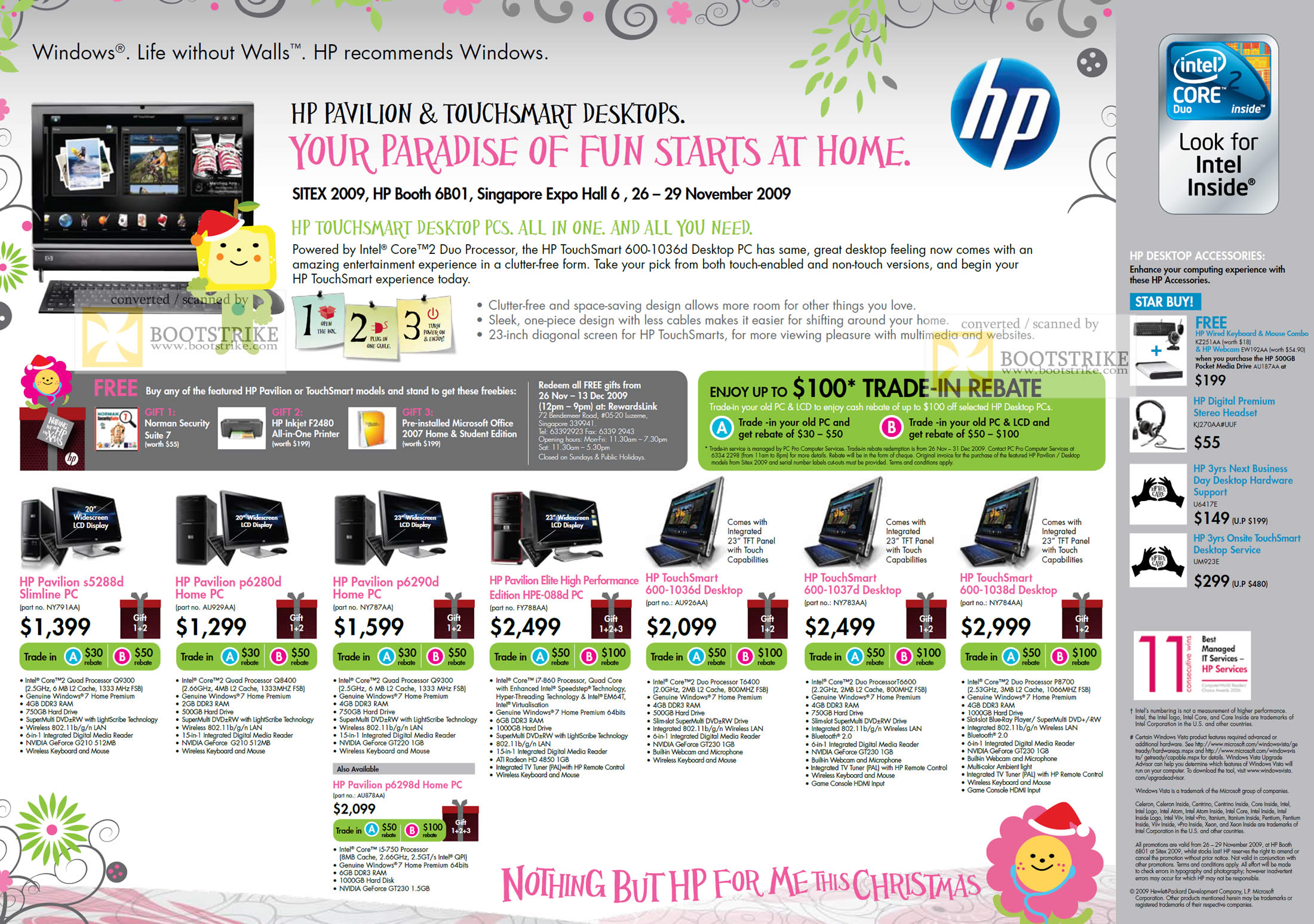 Sitex 2009 price list image brochure of HP Pavilion Touchsmart Desktop PC Slimline Elite 600 HPE