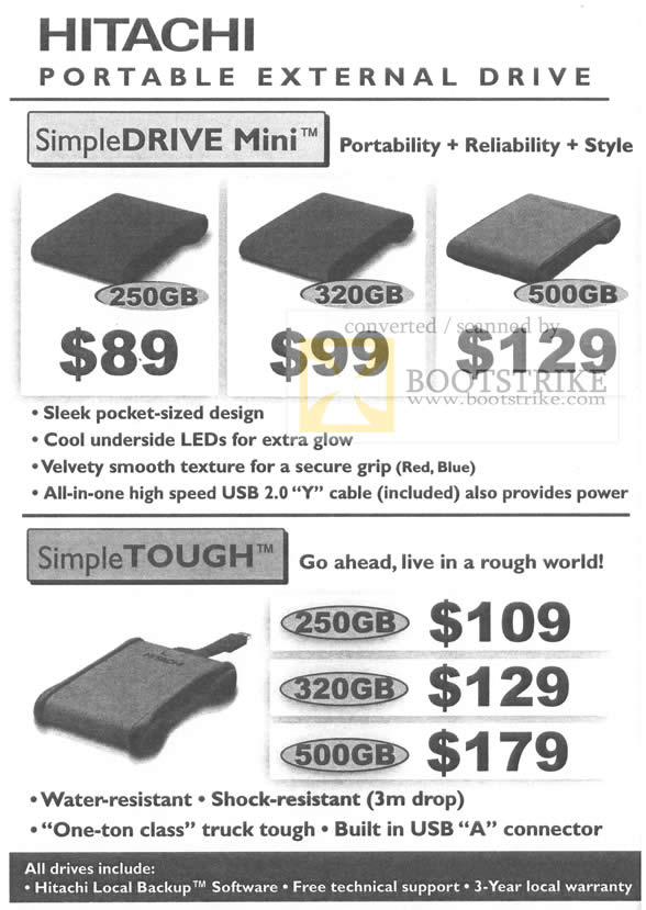 Sitex 2009 price list image brochure of Hitachi Portable External Storage Drive SimpleDrive Mini SimpleTough