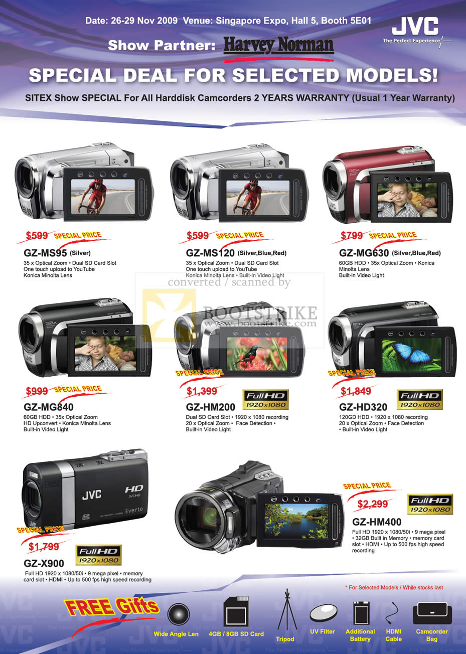 Sitex 2009 price list image brochure of JVC Video Camcorders GZ MS95 MS120 MG630 MG840 HM200 HD320 X900 HM400