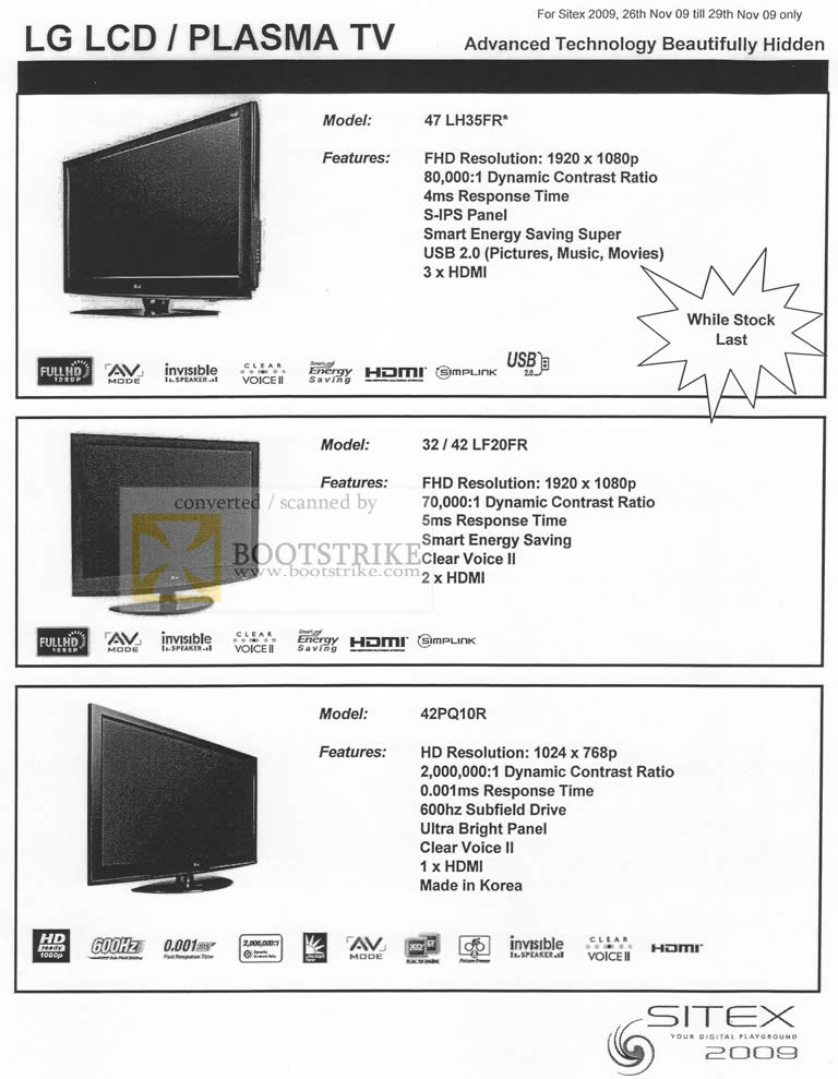 Sitex 2009 price list image brochure of LG LCD Plasma TV LH35FR LF20FR PQ10R