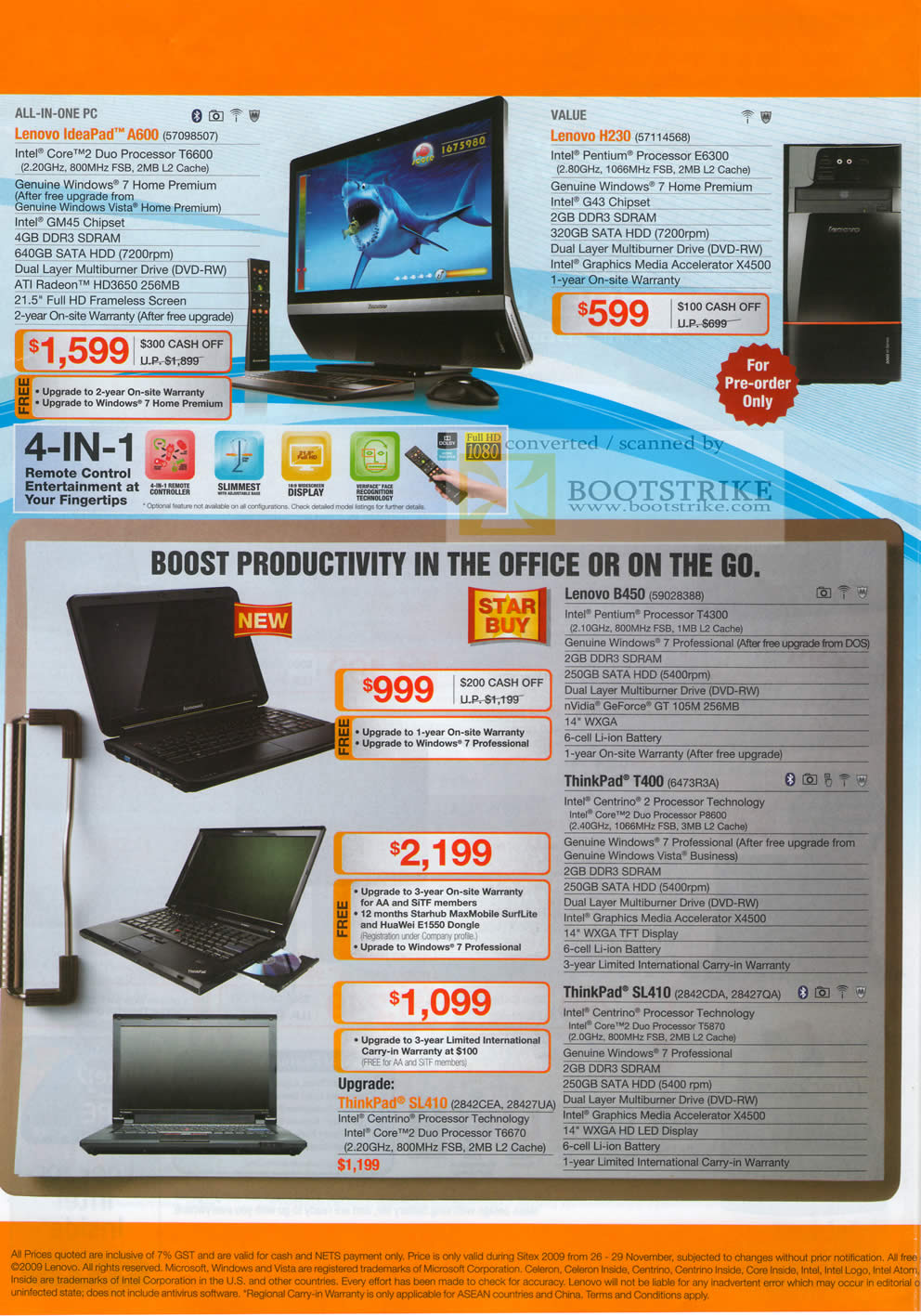 Sitex 2009 price list image brochure of Lenovo Desktop PC IdeaPad A600 ThinkPad Notebooks H230 B450 T400 SL410