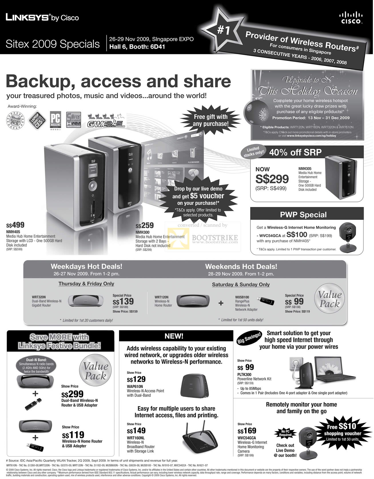Sitex 2009 price list image brochure of Linksys Media Hub NMH405 NMH300 Wireless N Router Adapter Powerline Camera