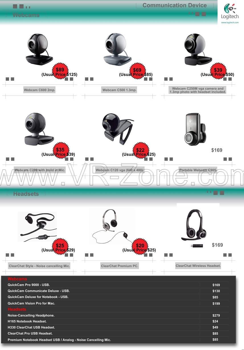Sitex 2009 price list image brochure of Logitech Kaira Webcam C600 C500 C250m C200 C120 C905 ClearChat