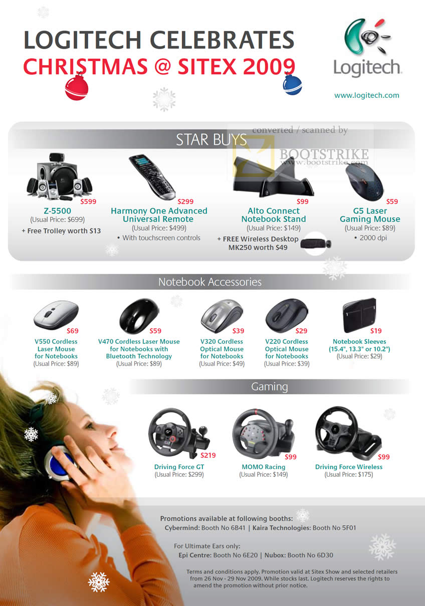 Sitex 2009 price list image brochure of Logitech Speakers Z 5500 Harmony Remote Keyboard Laser Mouse Wireless Driving Force Wheel
