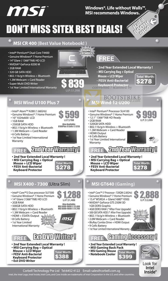 Sitex 2009 price list image brochure of MSI Wind CR 400 U100 Plus 7 12 U200 X400 7300 GT640 Slim Gaming Notebook ST Ad