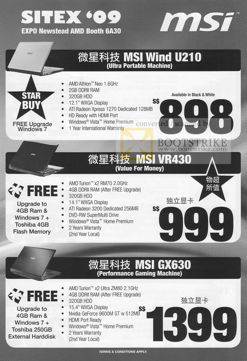 Sitex 2009 price list image brochure of MSI Wind U210 VR430 GX630 AMD Notebooks Newstead