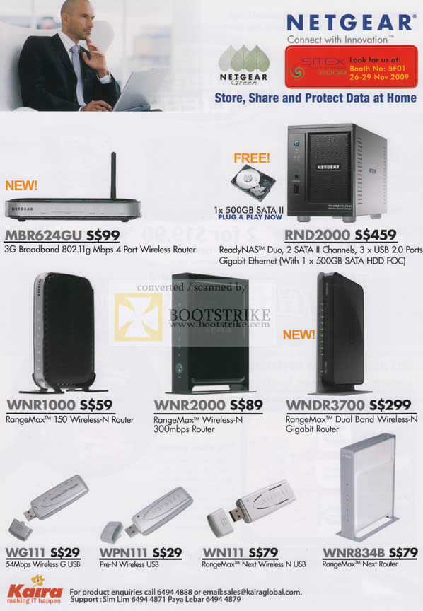 Sitex 2009 price list image brochure of Netgear Wireless N G Router 3G Broadband NAS RangeMax Gigabit Adapter Kaira