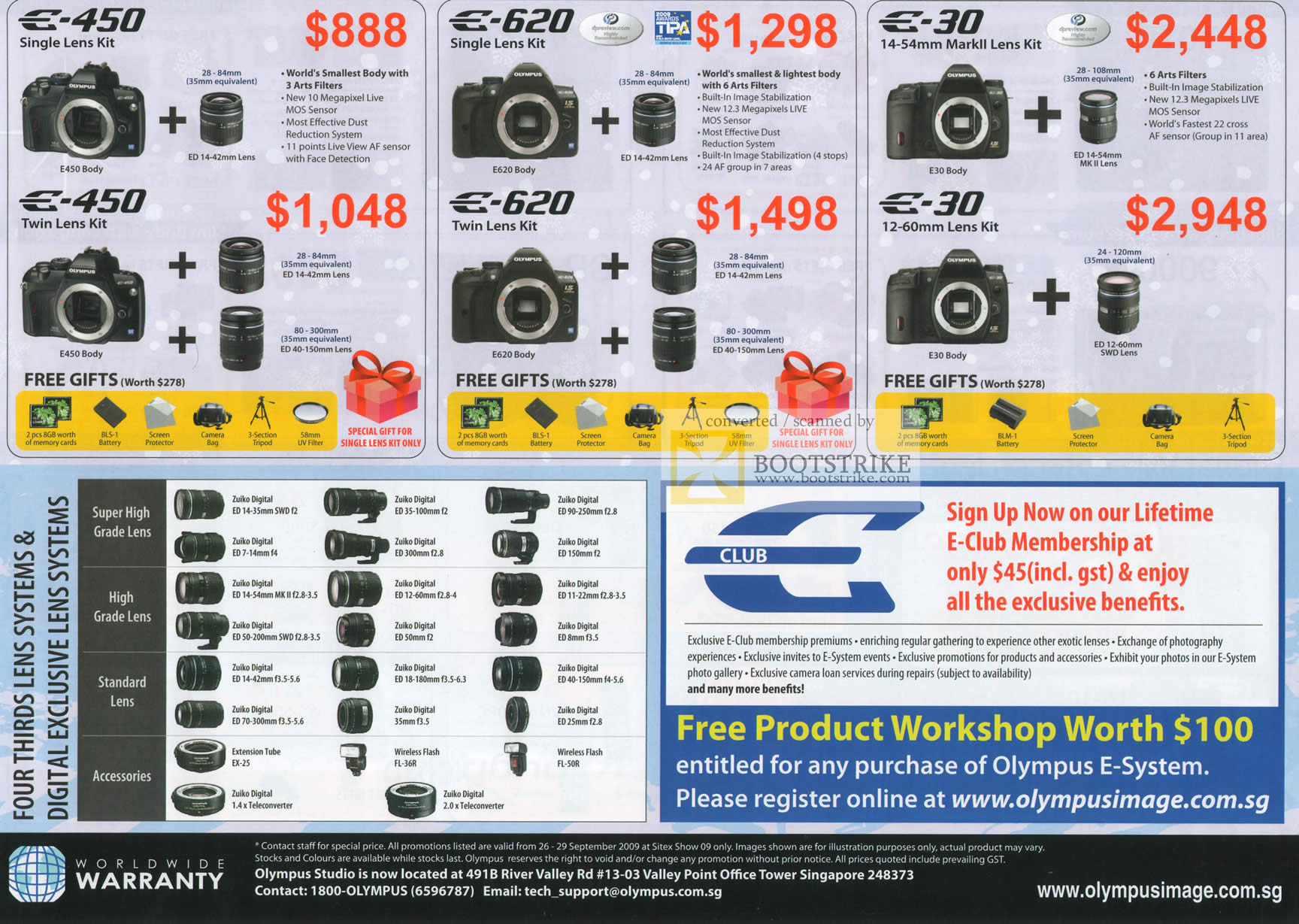 Sitex 2009 price list image brochure of Olympus Digital Cameras DSLR E 450 E 620 E 30 Lens