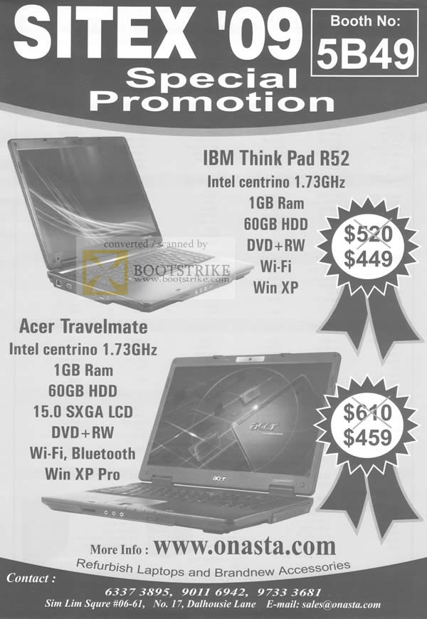 Sitex 2009 price list image brochure of Onasta Refurbish Notebooks Acer IBM Accessories Laptops