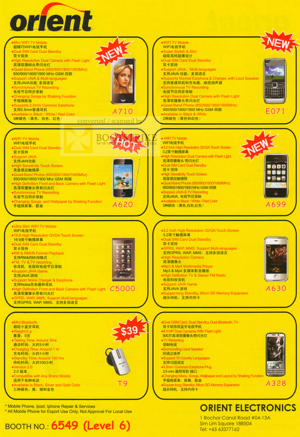 Sitex 2009 price list image brochure of Orient Mobile Phones Mini Wifi TV Mobile A710 E071 A620 A699 C5000 A630 T9 A328