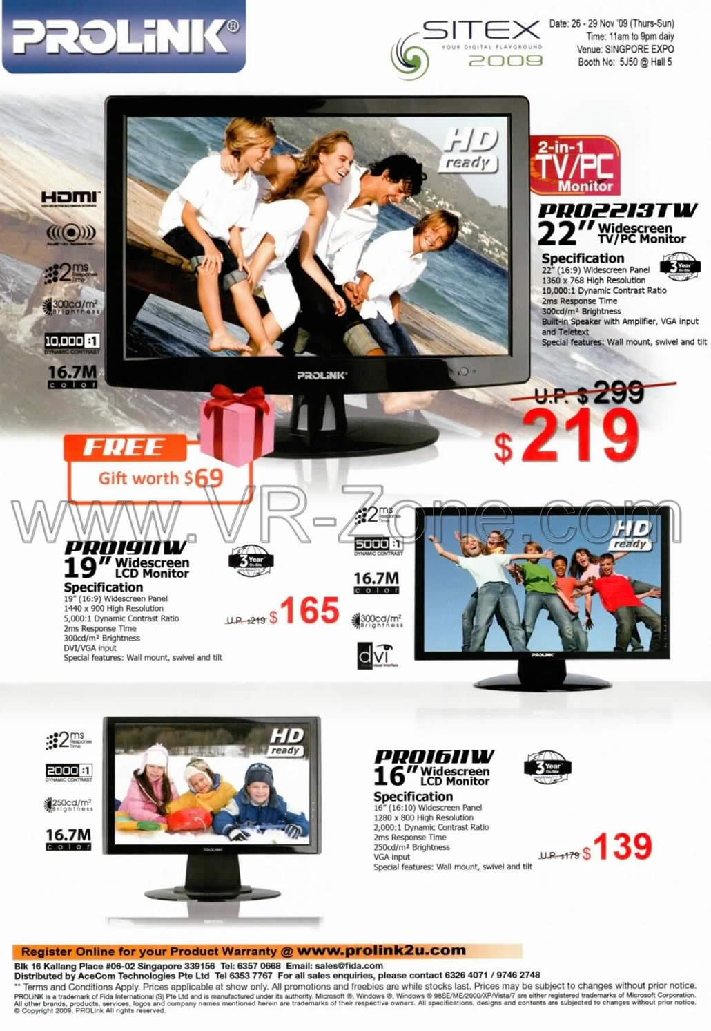 Sitex 2009 price list image brochure of Prolink LCD Monitor PRO 2213TW 1911W 1611W TV