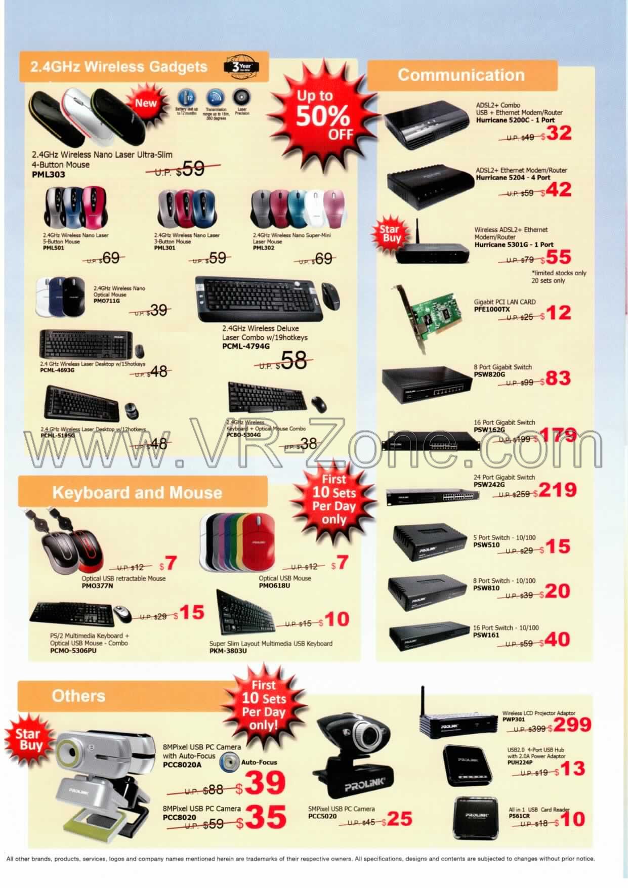 Sitex 2009 price list image brochure of Prolink Wireless Keyboard Mouse Router Modem Gigabit Switch Webcam Camera