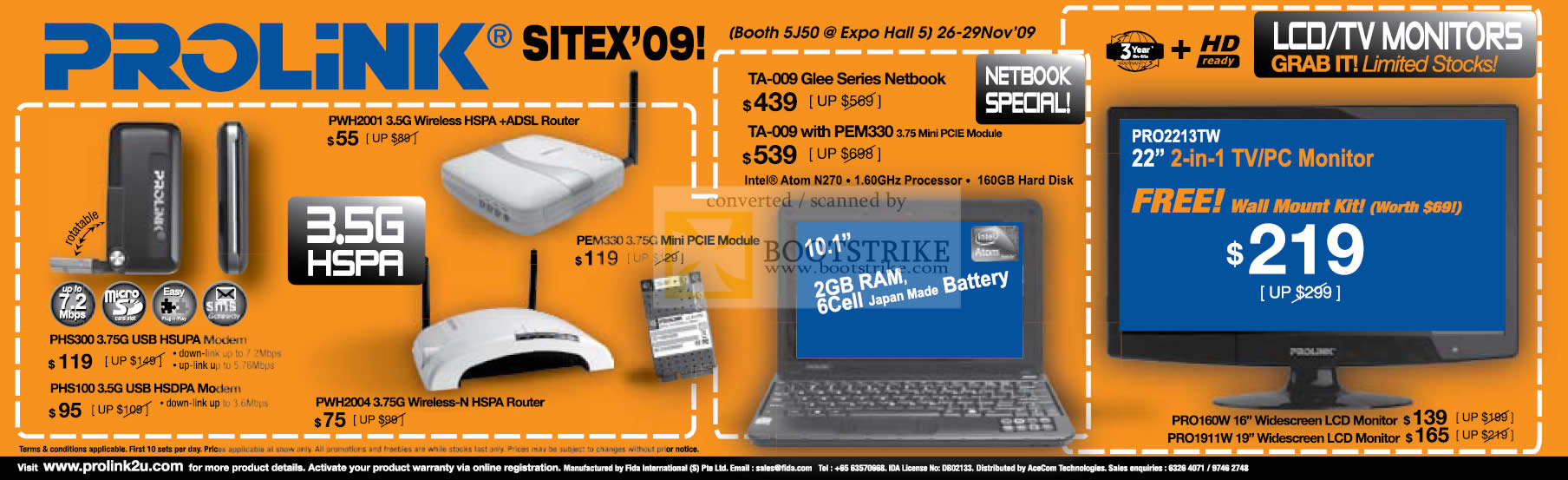 Sitex 2009 price list image brochure of Prolink Wireless Router HSPA Netbook TA 009 LCD TV Monitor PRO160W
