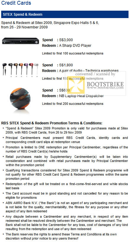 Sitex 2009 price list image brochure of RBS Credit Card Spend Redeem