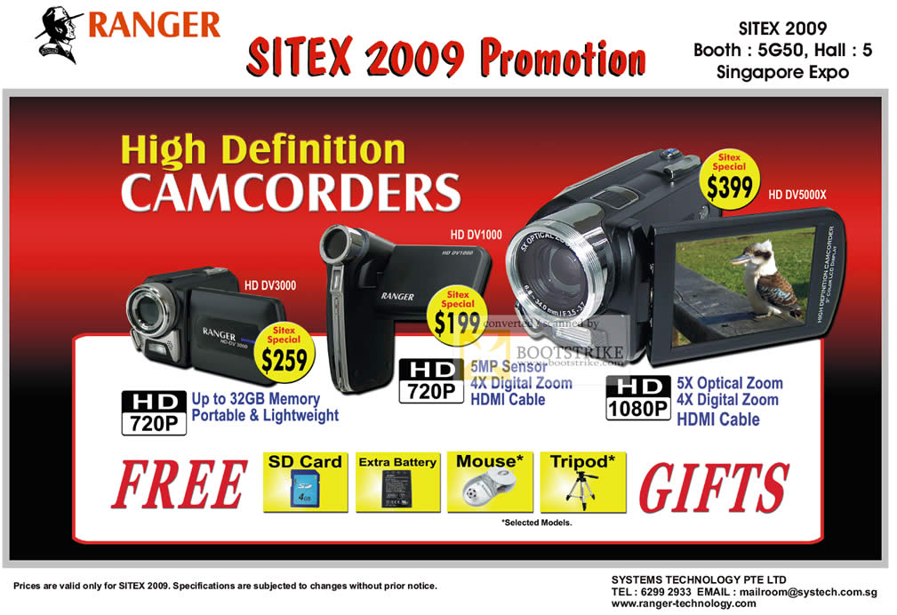 Sitex 2009 price list image brochure of Ranger Video Camcorders HD DV3000 DV1000 DV5000X