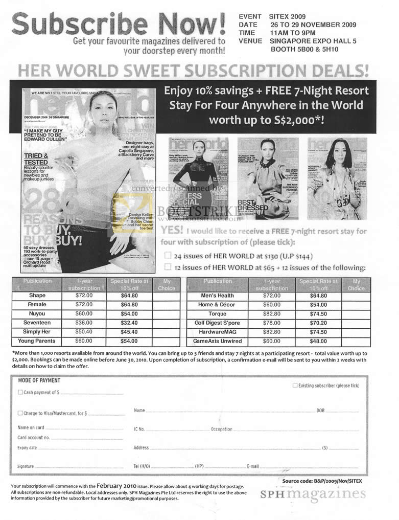 Sitex 2009 price list image brochure of SPH Magazines Subscription Her World Shape HardwareMAG GameAxis Seventeen